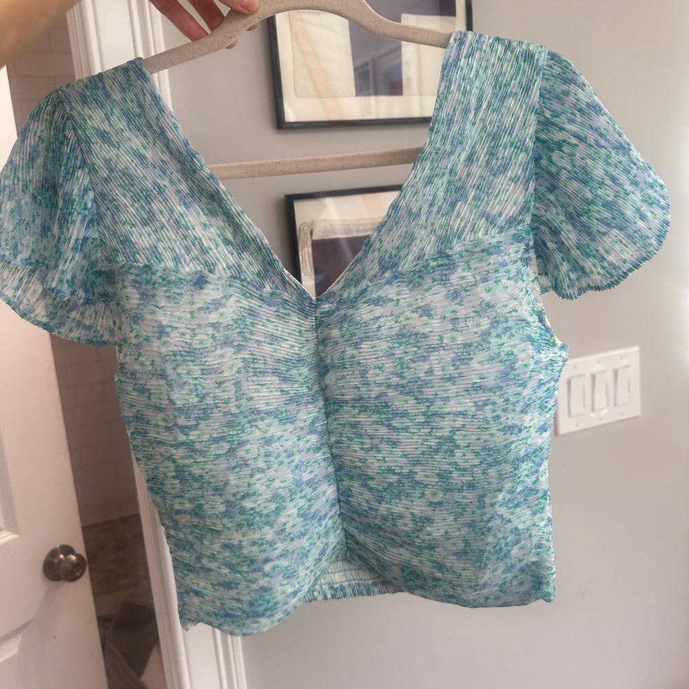 Astr Blue and Green Puff Sleeve Crop Blouse